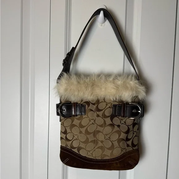LOW START FOR SHOW! Vintage Coach Y2K with fur shoulder bag - Picture 1 of 11